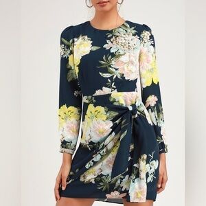 SOCIALITE Rice Navy Blue Floral Print Tie-Front Long Sleeve Dress | Size XS